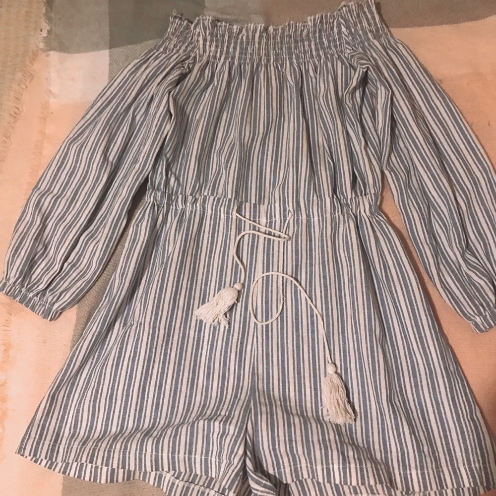 Blue and white striped off the shoulder romper